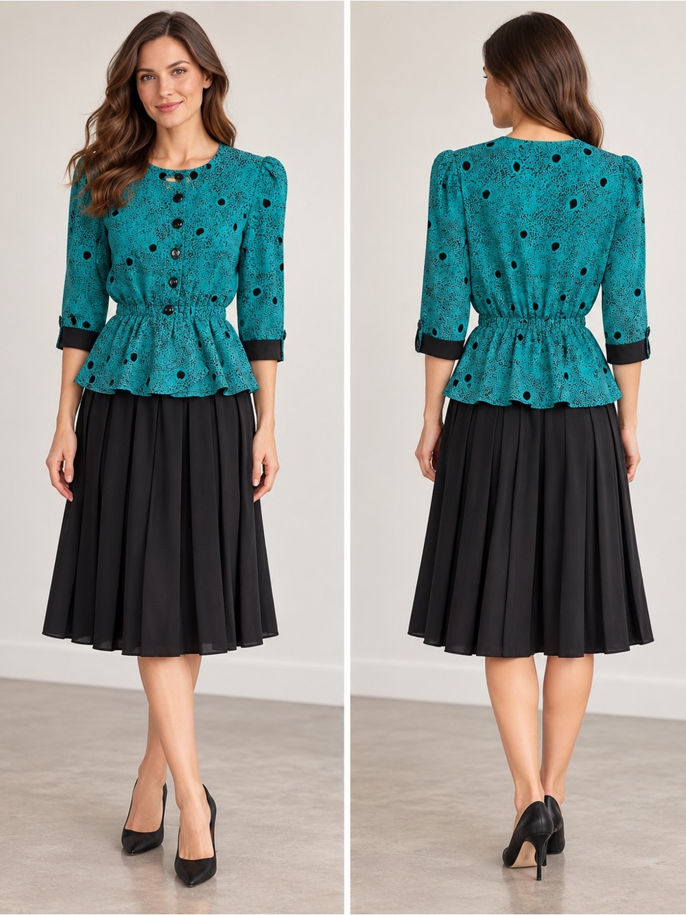 Vintage 80s Teal Polka Dot Peplum Dress Size XS or S Retro Puff Shoulder
